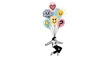 © Haki - Man flying with colorful balloons.