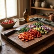 © Anat art - Fresh Greens Vegetables and Salad Preparation on a Wooden Cutting Board With Knife, Olive Oil, and Tomatoes in a Warm Kitchen Setting