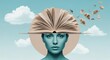 © twilight mist - Surreal portrait shows a woman with an open book as a hat and pages transforming into birds.
