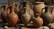 © tae - Ancient collection of antique clay amphorae and rustic ceramic pots from the Biblical era, traditional Eastern vessels used for storing water, olive oil, and wine in historical civilizations.