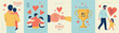 © Liliya - Set of Father's Day cards in a modern flat style with grainy texture. Vector illustrations featuring cute family scenes, dad with children, hearts and a trophy. Perfect for holiday design and print.