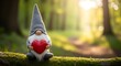 © ArtSync Studio - Cute Gnome Holding a Red Heart Sitting on Mossy Log in a Serene Forest