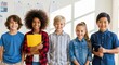 © twilight mist - Diverse group of young students standing together and smiling in a bright classroom.