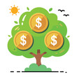 © MstMaya - Cartoon tree with dollar coins and sun background representing wealth growth investment success and financial prosperity in playful vector illustration style