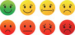 © Kawsar - Set of eight gradient emoji emoticons expressing various emotions from very happy to very sad for customer feedback and mood indicators.
