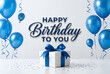 © ATIKUL ISLAM - Happy birthday to you greeting with blue balloons and white gift box with blue ribbon