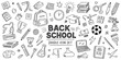 © ABUBOKKORsiddik - Hand drawn school doodle line icons collection with editable stroke, featuring education elements isolated on white background for design use.