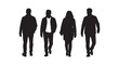 © shahadut - Group of four people walking together in casual attire depicted as black silhouettes isolated on white backdrop area.
