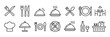 © ABUBOKKORsiddik - Restaurant Catering thin line icon collection featuring cutlery, plate, cloche, tray, chef hat, beverage and waiter, editable stroke vector for food service design.