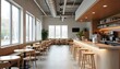 © Joy - Bright modern cafe with window views, counter, and wooden stools