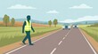 © Anat art - Pedestrian Interacts With Traffic on a Rural Road While Wearing a Safety Vest During the Day