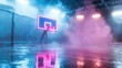 © Ashalina - Neon lit basketball hoop on wet court with smoke