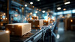 © Kateryna - Cinematic wide view of a bright softly defocused warehouse with holographic data overlays projected above cardboard boxes and robotic inventory systems robotic vision warehouse