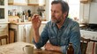 © ibhonk - Bearded mature man in a denim shirt holding a single white tablet above a wooden kitchen table, contemplating medication dosage.