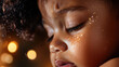 © syhin_stas - Child wrapped in textured fabric with furrowed brow and pouting lips, conveying deep sadness, vulnerability and quiet sorrow in a close up portrait against a dark background