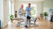 © Viktoriia - Physiotherapist helping senior man with knee injury doing physical exercise using resistance band on medical couch. Rehabilitation therapy session for recovery and joint health support.