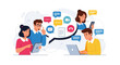 © Puji - Diverse group of people engaged in digital communication, sharing ideas and information through various electronic devices and chat bubbles, fostering connection and collaboration