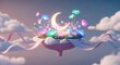 © Saroh - Lune et fleurs féeriques flottant dans le ciel, ornées de rubans et de nuages.