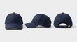 © Bruno - Navy baseball cap mockup in front, side, and back views, perfect for creator merch, embroidery branding, sportswear customization, and clean accessory mockups.