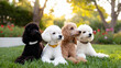 © K teo - Different colored poodles sitting in a row showcasing coat variations outdoors