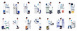 © Sepuluh - Flat illustration set of diverse scientists and lab technicians working with specialized equipment in a modern medical or biotechnology research laboratory.