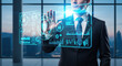 © Jasmine - Businessman pointing at digital screen with settings data and analytics interface. system configuration, user interface control, software customization, application setup, digital management tools