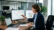 © AIPERA - Professional woman analyzing project management dashboard and Gantt chart on multiple monitors at modern office desk. Business planning, team collaboration, workflow optimization.