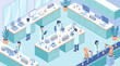 © vickryab - Isometric Hospital Laboratory Research Center with Scientists and Automation Robots for Medical Innovation and Biotech Development