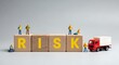 © MopoWe - Risk management wooden cubes display a challenge for miniature workers and a delivery truck. Sharp focus highlights the professional safety concept. Excellent for corporate insurance brochures.