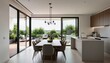 © CrazyJuke - Modern Dining Elegance: A stylish dining area exudes a sense of refined living. Floor-to-ceiling windows offer panoramic views of an outdoor terrace, bathed in natural light.