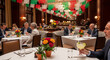 © Rupa - Elegant restaurant celebration with colorful papel picado decorations, people dining and conversing at tables