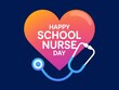 © Hriday - Happy school nurse day greeting card design with heart and stethoscope illustration on dark blue background