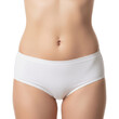 © Subhan - Female midsection in white classic briefs, clean front view on white background, showing comfortable intimate apparel design and natural body shape