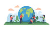 © Note - Diverse group of individuals engaging with a large Earth globe, promoting environmental awareness and sustainability through collaborative efforts and digital technology.