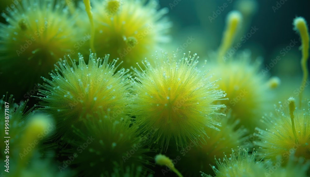 Microscopic view of green algae colonies underwater. Tiny spherical ...
