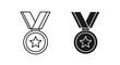 © AKLIMA - Minimalist medal icons with star and ribbon, black and white award vector set, achievement symbols for sports and business success