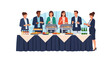 © Nandan - A group of diverse professional business people in suits standing at a long catering buffet table with food platters, chafing dishes, and drinks during an office meeting lunch.
