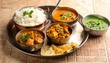 © Fatin - A delicious Indian thali meal with rice, curry, naan, and a side dish, presented beautifully on a metal platter