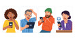 © Ikhbal - Four diverse individuals reacting with shock and surprise to content on their mobile phones and tablet devices.