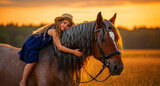 Little girl in a straw hat hugging a brown horse at sunset. Child sharing a tender moment with her pony in a golden field. Friendship and animal therapy concept for family and nature marketing.