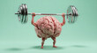 © Ferran - Cinematic medium shot of a pink human brain with tiny arms and legs lifting a heavy chrome barbell over its head