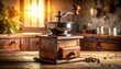 © NurAtikah - Antique wooden hand-crank coffee grinder with metal hopper and drawer on a rustic table