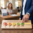 © Shaheen  - A businessman selecting the five-star excellent feedback rating from a row of wooden customer tokens.