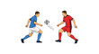 © Monir Stock - Two soccer players competing for ball during match illustration of athletes in blue and red jerseys fighting for possession on white background showing dynamic movement and sports competition art.