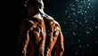 ©  VladaToday - Athletic man back under water spray with defined muscles and skin texture, strong fitness concept, male body care and training results, dark background with droplets and contrast