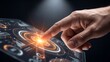 © Lazuardi - Human hand interacting with a futuristic digital interface, showcasing advanced data visualization and innovative technology for global connectivity and business solutions