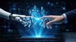 © Masque - A robot hand and a human hand reach towards an interactive digital interface showing financial icons.
