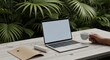 © PUTRI - Remote work lifestyle holding coffee cup beside laptop in soft morning light, outdoor wooden workspace in garden, relaxed productivity and slow living concept with natural environment