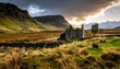 © ruangrit19 - Stunning panoramic view of an abandoned stone cottage ruin situated in a wild green highland valley under a dramatic sunset cloud sky.