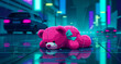 © SOFIE PEETERS - Abandoned pink teddy bear lies on a wet city street in the rain. Neon cyberpunk lights reflect on the pavement at night. Melancholy concept for loss and urban loneliness themes.